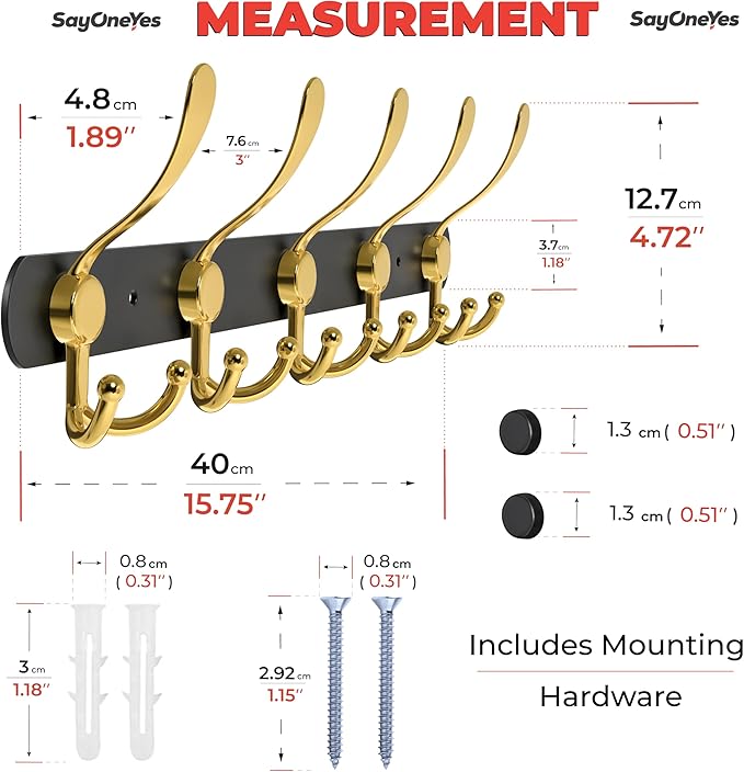 Coat Rack Wall Mount with 5 Tri Hooks, Stainless Steel 16 Inch – Black & Gold Matte Finish, Heavy Duty Wall Mounted Hook Rack for Coats, Hats, Towels, Scarfs, Robes, Bags, Entryway & Bathroom, 3 Pack