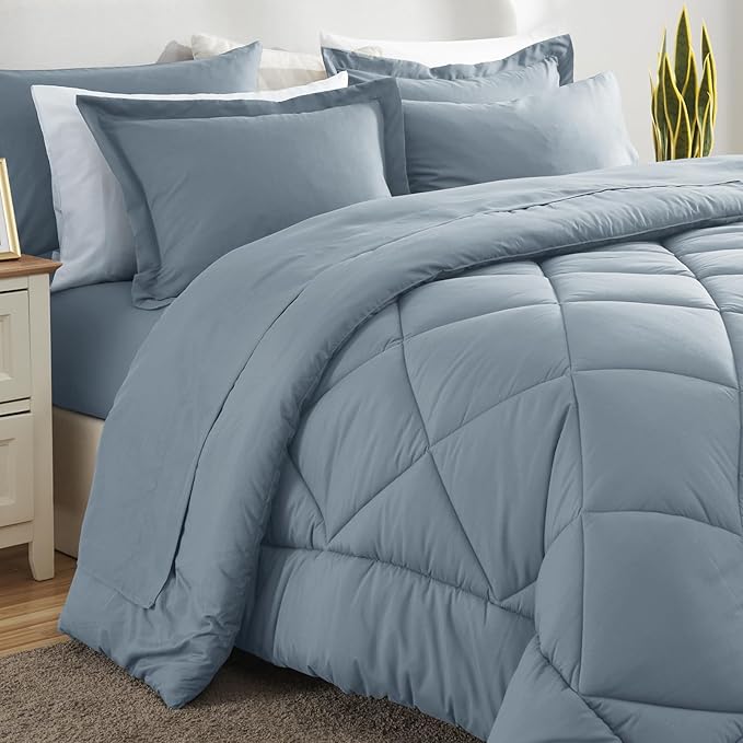 CozyLux Queen Comforter Set Dusty Blue - Bed in a Bag Queen Size 7 Pieces, Luxury Soft Bed Set for All Seasons, Bedding Set with Down Alternative Comforter, Sheets, Pillowcases & Shams, Grayish Blue