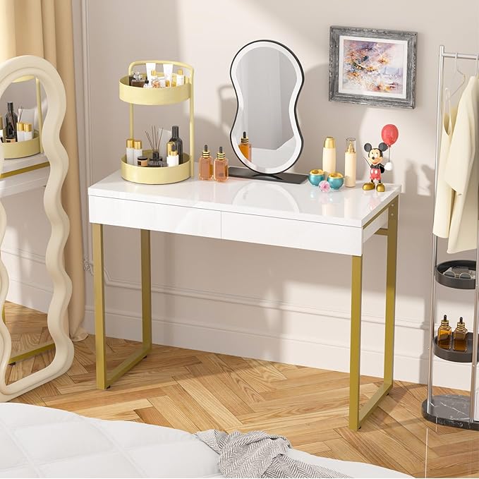 GreenForest Vanity Desk with 2 Drawers,47 inch White Desk with Glossy Desktop Easy Clean,Makeup Dressing Table with Metal Gold Legs for Home Office Small Spaces,Bedroom
