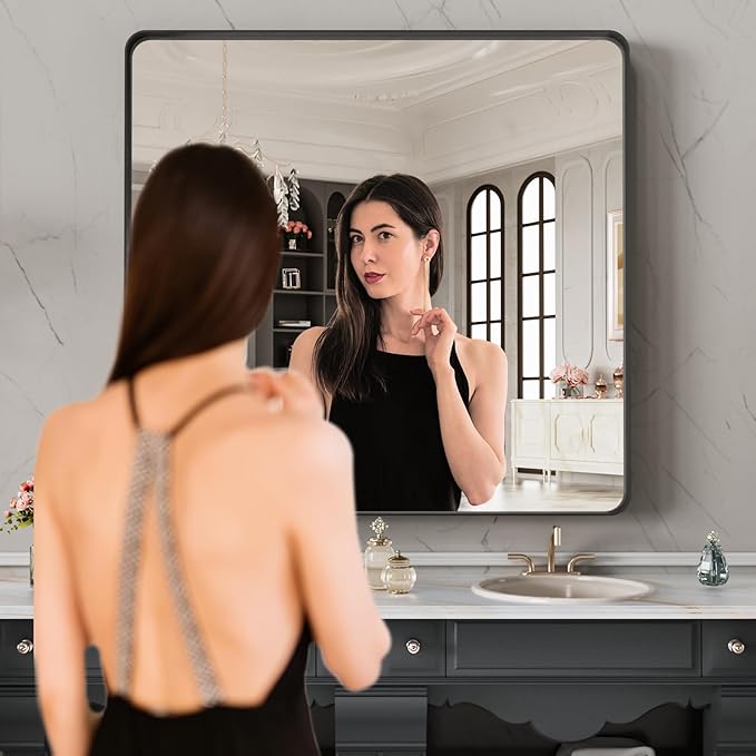 LOAAO 32X32 Inch Black Metal Framed Bathroom Mirror for Wall, Matte Black Bathroom Vanity Mirror Farmhouse, Anti-Rust, Hangs Horizontally or Vertically