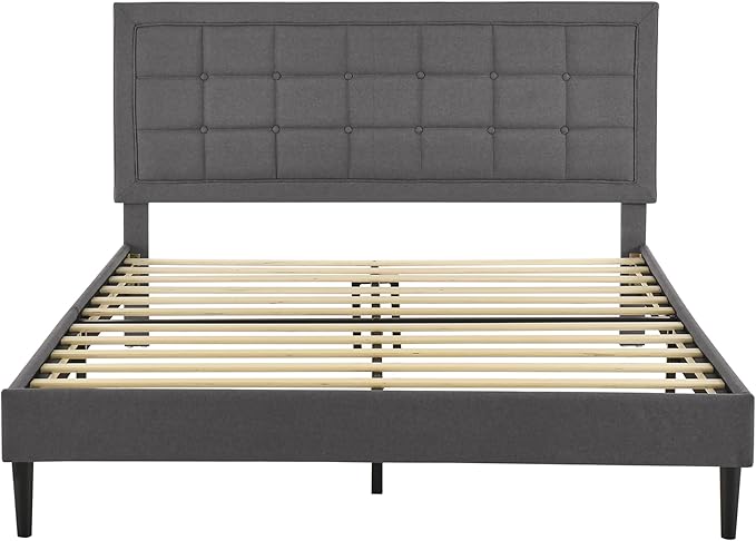 Decoro Mornington Upholstered 2.0 Platform Bed, Button-Tufted Fabric Headboard and Metal Frame with Wood Slat Support, Light Grey, King