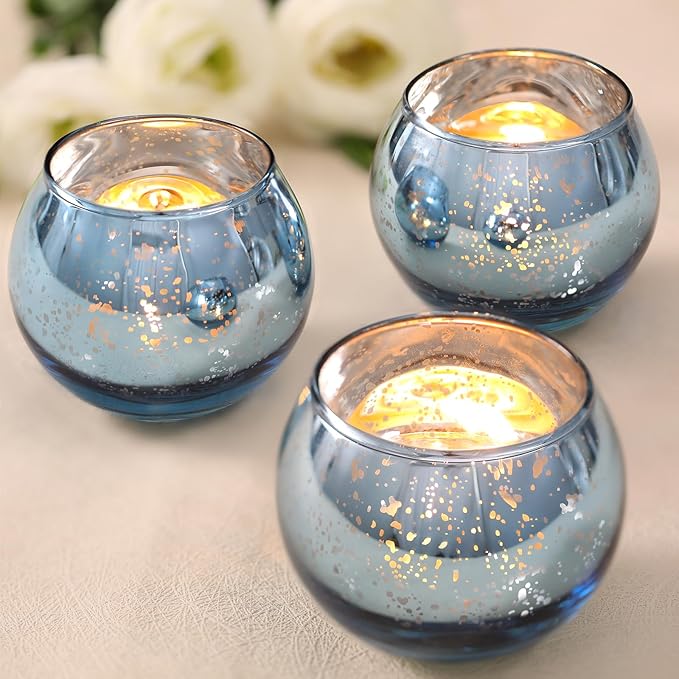 Volens 24PCS Blue Votive Candle Holders Bulk, Round Mercury Glass Candle Holders for Tealight - Blue Centerpiece Table Decorations for Wedding, Birthday, Party, Bridal Shower and Home Decor