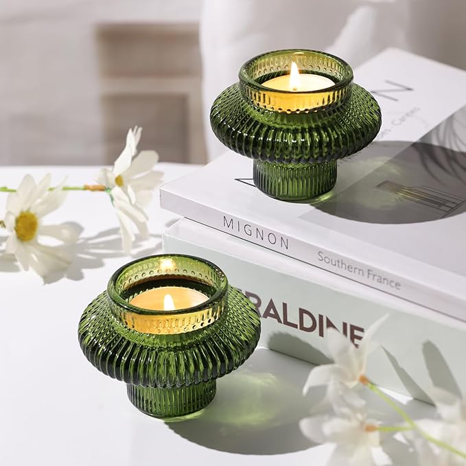 Green Taper Glass Candlestick Holders Tealight Candle Holders for Table Centerpieces, Wedding Decor and Dinner Party (8 Pcs, Green)