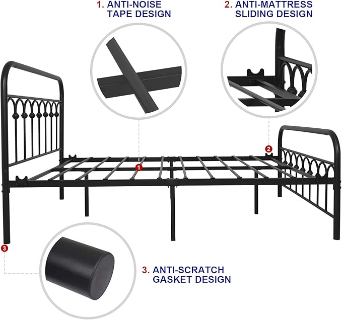 TUSEER Metal Bed Frame Full Size with Vintage Headboard and Footboard Platform Base Wrought Iron (Black)