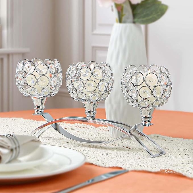 Crystal Tealight Candle Holder Centerpiece Home Decorative Candlestick Holder Elegant Table Centerpiece Home Decor Wedding Party Anniversary (Silver, 3 Arm of 4 Pcs)
