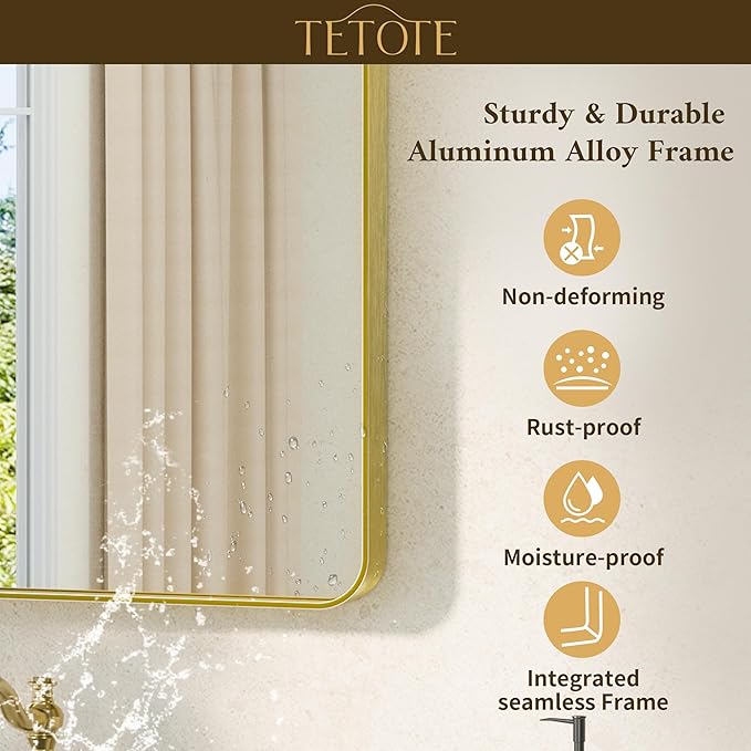 TETOTE Gold Bathroom Mirror 16 x 20 Inch Brushed Gold Metal Framed Vanity Mirror, Tempered Glass, Wall Mounted for Bathroom, Entryway, Bedroom, Living Room(Horizontal/Vertical)