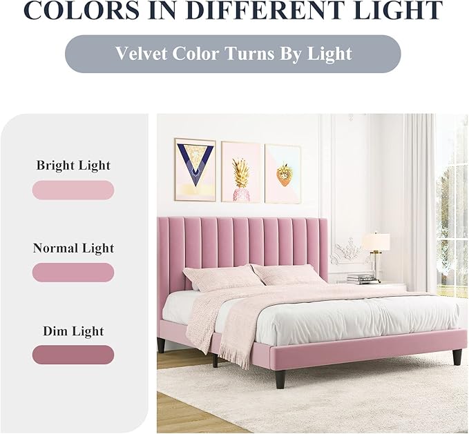 Allewie King Platform Bed Frame/Velvet Upholstered Bed Frame with Vertical Channel Tufted Headboard/Strong Wooden Slats/Mattress Foundation/Box Spring Optional/Easy Assembly/Pink