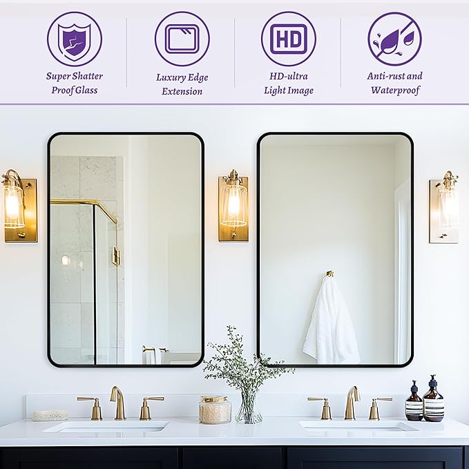 Antok Bathroom Mirror,30"x22" Wall Mirror, Decorative Mirrors Vanity Mirror Aluminum Alloy Frame Contemporary Hanging Mirror for Living Room Bathroom Entryway,Gold,Round Corner