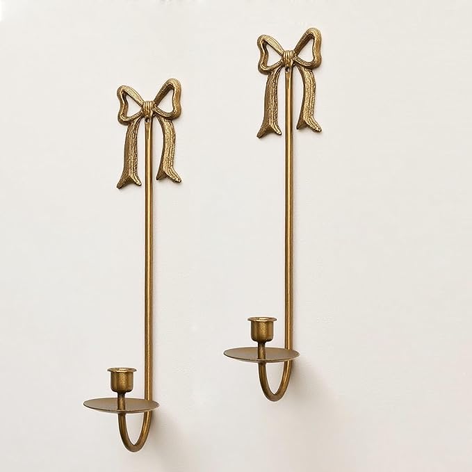 Metal Wall Candle Sconce Holders, Set of 2, Gold, Modern Bow Design, Wall Mount Taper Candle Holders for Living Room, Farmhouse, Wedding Decor