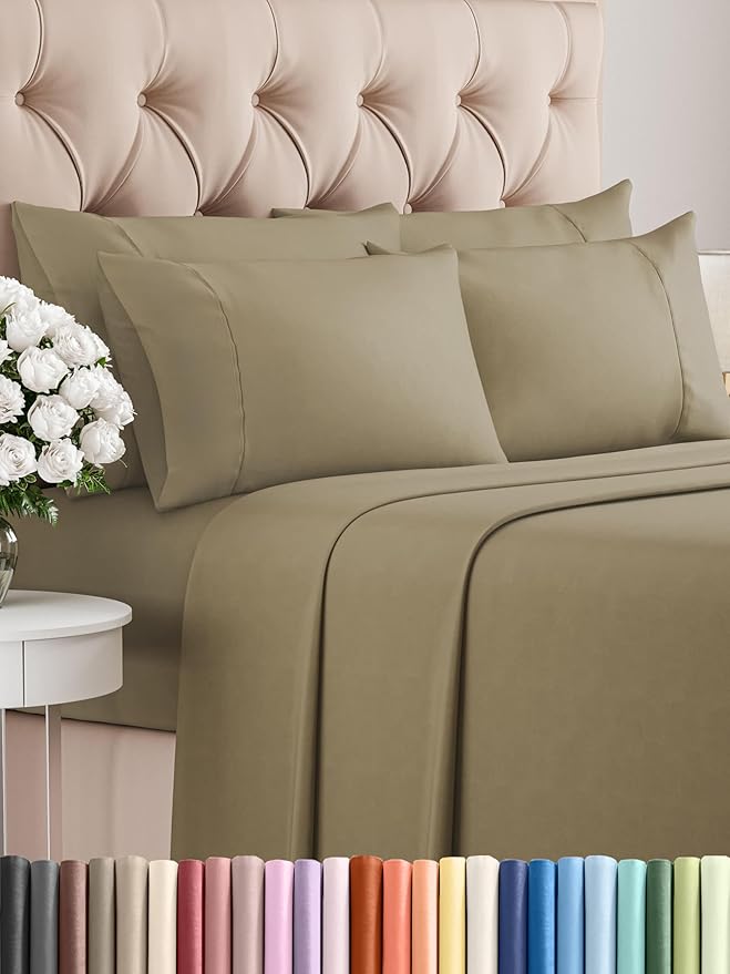 Full 6 Piece Sheet Set - Comfy Breathable & Cooling - Ultra Soft Hotel Luxury Bedding Set with 8-16 Inch Deep Pockets - 1 Flat & 1 Fitted Sheet & 4 Pillowcases - Cozy, Wrinkle Free & Easy Care - Khaki