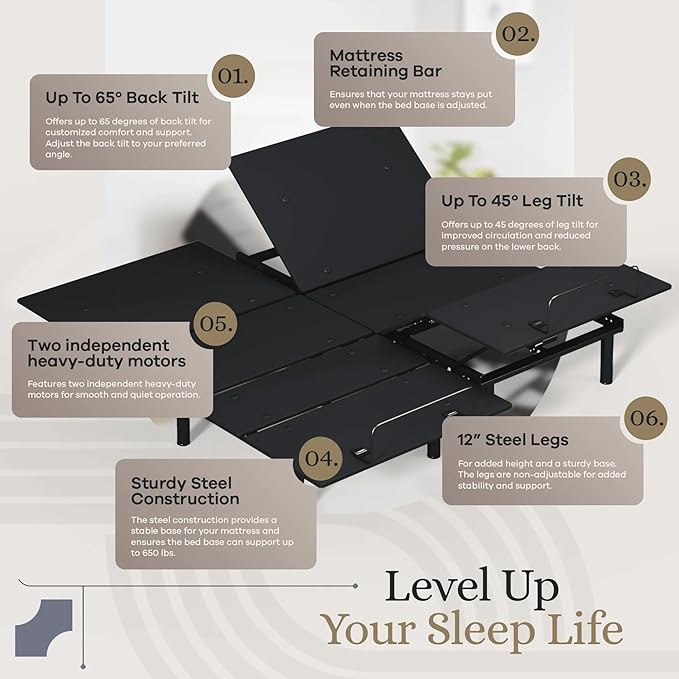 Sven and Son Essential Adjustable Bed Base (Frame Only), Easy Assembly, Head and Foot Lift, Memory Positions, Zero Gravity, Wireless Remote - Split King