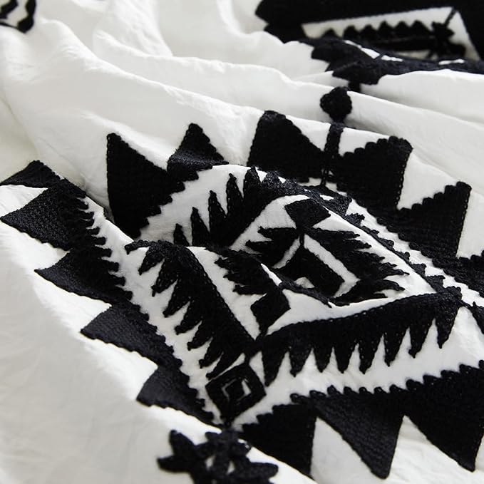 MaiRêve Embroidery Comforter Set King Size 7 Pieces, Boho Farmhouse Western Bedding All Season Bed in A Bag, White Black King Comforter Set with Sheets, Pillowcases & Shams