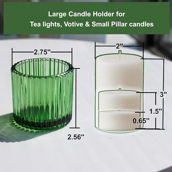 VOHO Large Votive Candle Holders 2.75'' x 2.56'' Set of 6, Ribbed Candle Holder for Votive/Tea Lights Candles, Green Votive Holder for Halloween/Christmas Holiday