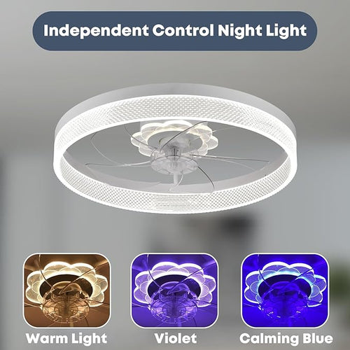 20‘’ Ceiling Fan with Light, Upgraded Low Profile Fan, Flush Mount Ceiling Fan, 6 Speeds, Dimmable LED, App & Remote Control, Quiet DC Motor, for Bedroom, Living Room, F093 White-D