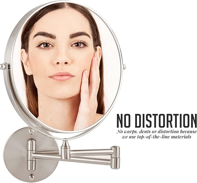 OVENTE 9" Wall Mounted Makeup Mirror with 1X/10X Magnification, Double Sided Magnifying Round Bathroom Vanity Mirror, 360° Swivel Design, Extendable and Folding Arm, Nickel Brushed MNLFW90BR1X10X