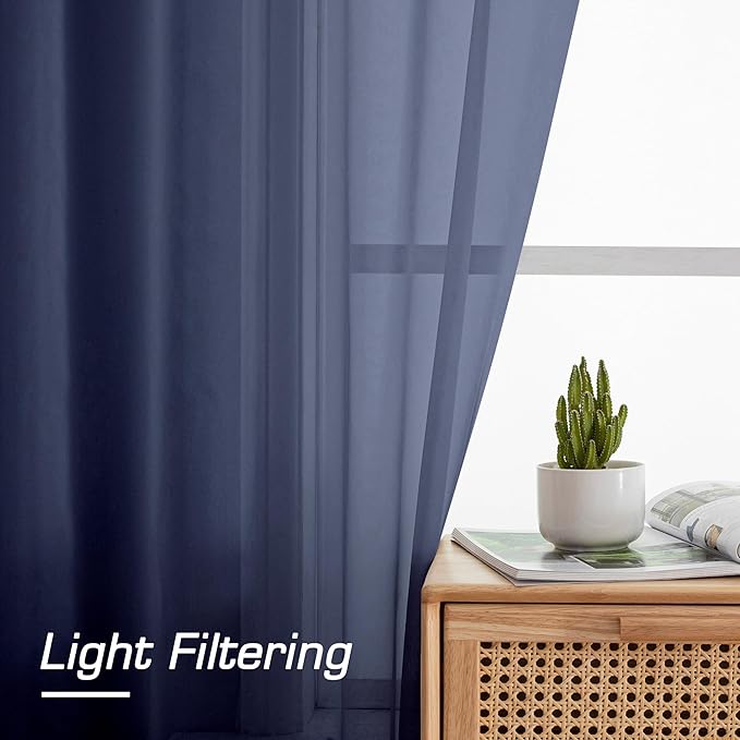 Aiyufeng Navy Blue Sheer Curtains 90 inch Length 2 Panels Set, Airy Soft-Touching Rod Pocket Voile Drapes for Living Room/Bedroom, Each 42W x 90L
