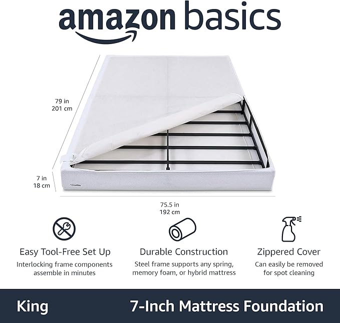 Amazon Basics Smart Box Spring Bed Base, 7-Inch Height Mattress Foundation, Tool-Free Easy Assembly, King, 79"L x 75.5"W x 7"H, White