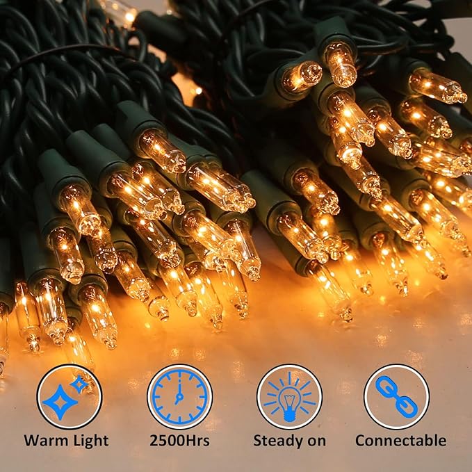 LIDORE Super Bright Clear Mini Christmas Tree String Lights, Gift for Decoration, 21.45FT 100 Count Bulbs with Green Cord, UL Listed Indoor Outdoor Lighting for Holiday (Green Cable, 2-Pack)