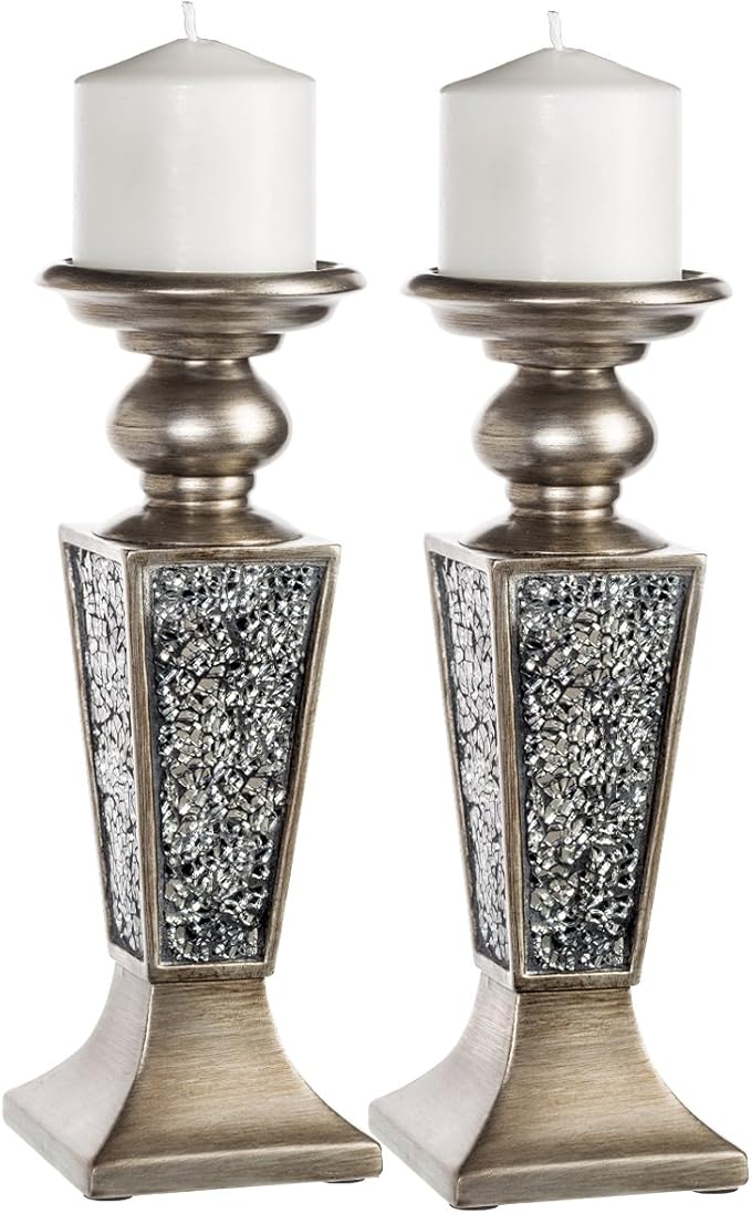 Creative Scents Schonwerk Silver Pillar Candle Holder Set of 2 - Crackled Mosaic Design - Centerpiece Table Decoration - Coffee Table Decor - Decoration Centerpiece for Living/Dining Room - Best Gift