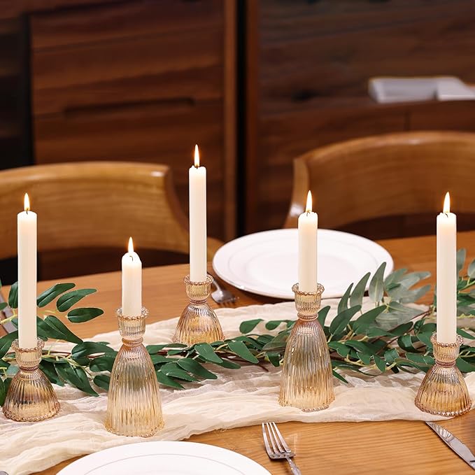 LAMORGIFT Gold Candlestick Holders Set of 6-4pcs 3.5"& 2pcs 6" Assorted Taper Candle Holder Centerpieces for Wedding, Ribbed Glass Candle Holders Bulk for Party Table Decor, Modern Home Decor