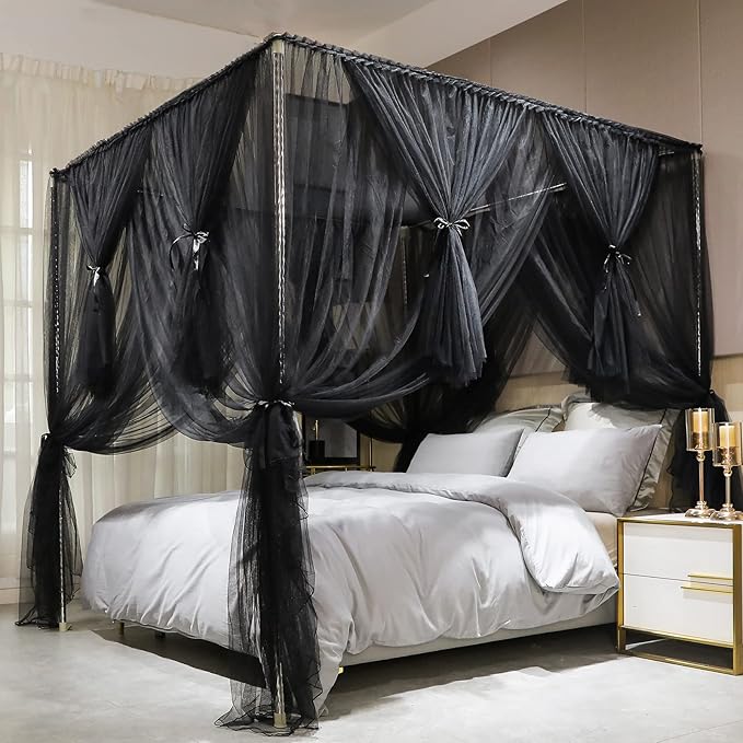 Joyreap 4 Corners Post Canopy Bed Curtain Black- Twin Size Royal Luxurious Cozy Drapes Netting- Elegant Bedroom Decoration Accessories for Adults
