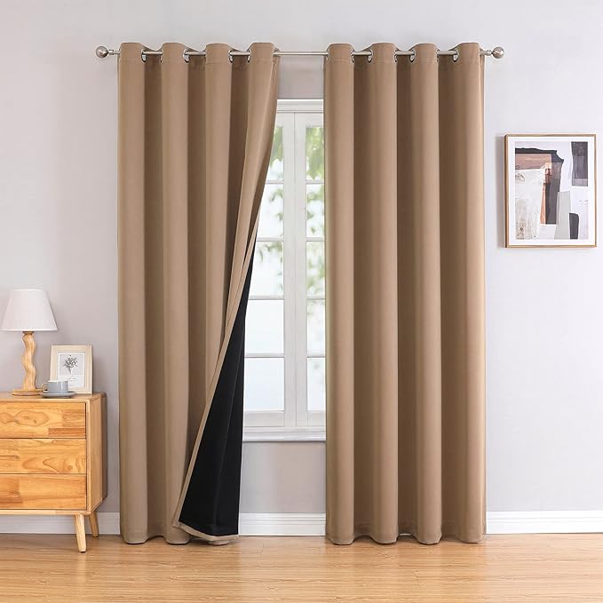 ChrisDowa 100% Blackout Curtains for Bedroom with Black Liner, 2 Thick Layers Total Blackout Thermal Insulated Grommet Window Curtains 2 Panels Set (Cappuccino, 52 x 84 Inch)