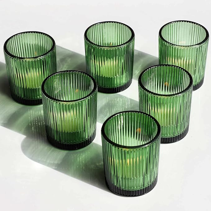 VOHO 12pcs Candle Holder Ribbed Glass, Green Votive Candle Holders for Wedding Party Table Centerpieces, Glass Tealight Candle Holder for Birthday Gift(2.1'' x 2.6'', Green)