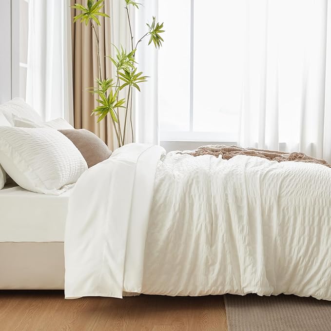 CozyLux Queen Comforter Set Ivory Seersucker 7 Pieces Bed in a Bag Queen Comforter Set with Sheets, Luxury Soft Bedding Set with Down Alternative Comforter, Sheets, Pillowcases & Shams for All Seasons