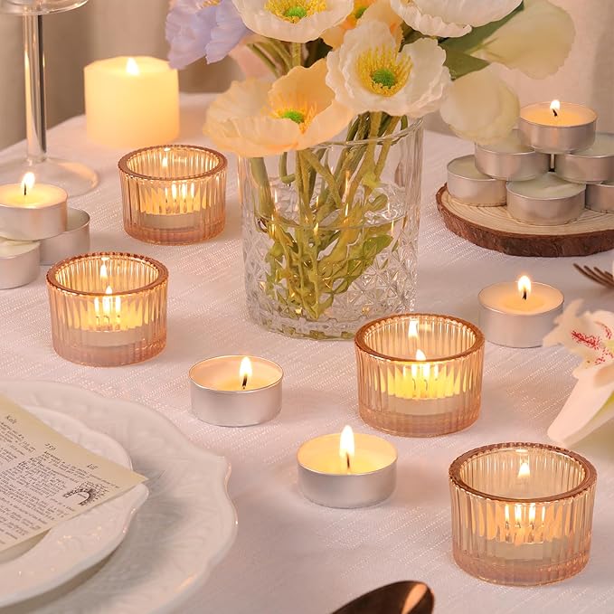 18 pcs Gold Tealight Candle Holders with 18PCS Tealights, Glass Votive Candle Holders Set for Table Centerpiece, Home Decor and Party Supplies