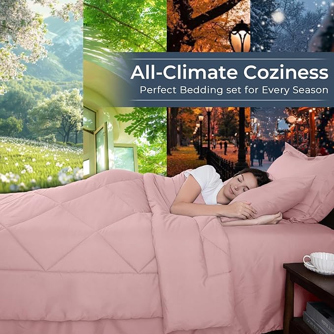 HEVUMYI Rose Gold Cali-King Comforter Set - 7-Piece All Season Bed in a Bag Cali-King, Ultra Soft Bedding Set with Comforter, Flat Sheet, Fitted Sheet, Pillowcases, Pillow Shams