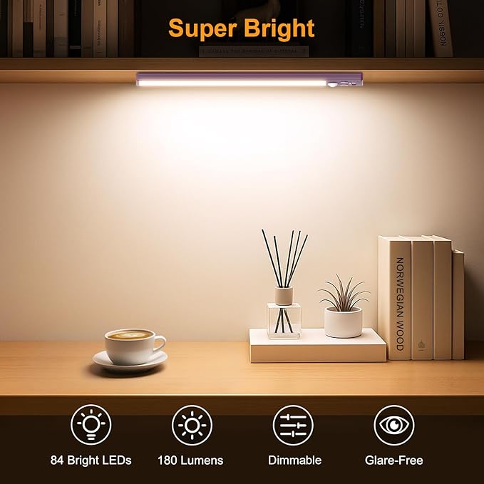 Gritin 10.2inch Under Cabinet Lighting Rechargeable -84 LED Super Bright,3-Color& 5 Level Brightness,4 Modes,Motion Sensor, Long Lasting- Easy Installation Magnetic Closet Lights -2 Pack-Mauve