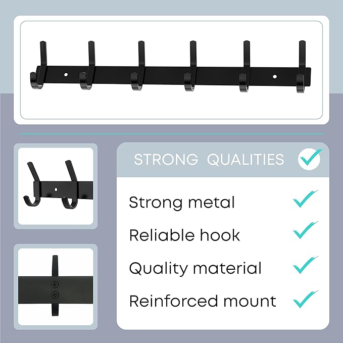 Matte Black Coat Rack Wall Mount – 17 Inch Stainless Steel Hook Rail with 6 Double Coat Hooks – Wall Mounted Entryway Organizer for Coats, Hats, Bags, Towels, Robes, Closet or Bathroom