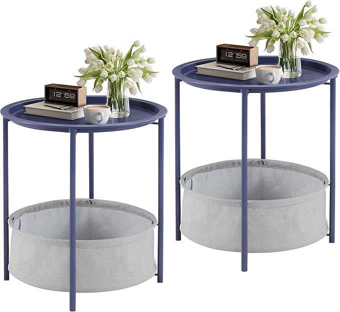VECELO Round Side/End Table with Fabric Storage Basket，Metal Anti-Rust and Waterproof Small Bedside Nightstand with Removable Tray Top for Living Room，Balcony & Laundry，Blue /2pcs with Basket