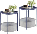 VECELO Round Side/End Table with Fabric Storage Basket，Metal Anti-Rust and Waterproof Small Bedside Nightstand with Removable Tray Top for Living Room，Balcony & Laundry，Blue /2pcs with Basket