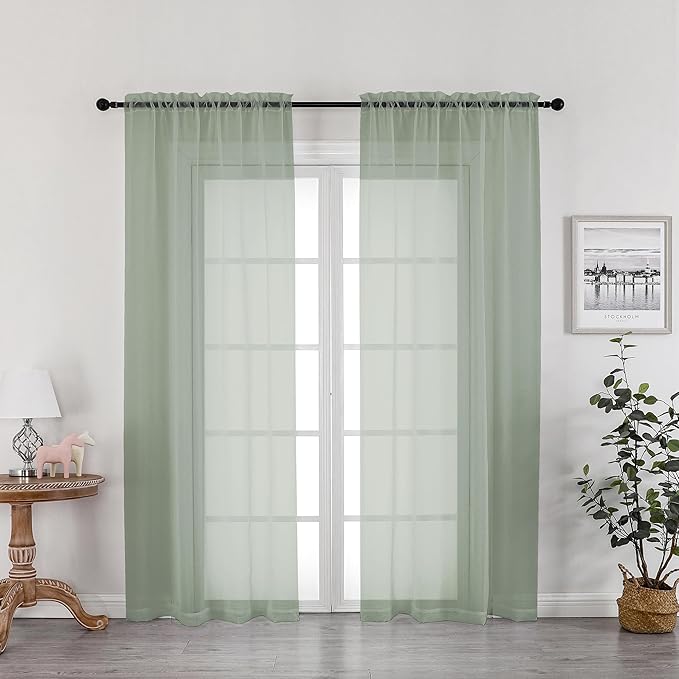 OWENIE Sage Green Sheer Curtains 72 Inches Long 2 Panels Set, Transparent Voile Sheer Curtain Rod Pocket Gauze Drapes for Living Room Bedroom Sliding Glass Door Treatment, 2 Pcs Each 42 x 72 Inch