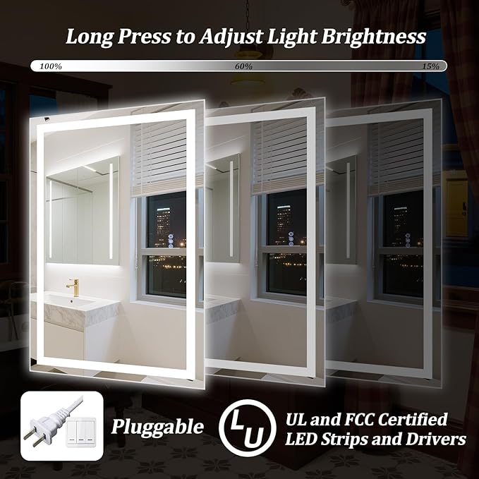 LED Bathroom Mirror with Lights, 55"x 30" Wall Mirrors with Anti-Fog, Dimmable, Backlit + Front Lit, 3 Color Modes, Memory Function Smart Mirror