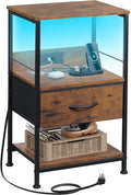 WLIVE Night Stand with Charger Station, LED Nightstand with Adjustable Fabric Drawer, 3-Tier Storage Bedside Table, Small End Side Tables for Bedroom, Rustic Brown