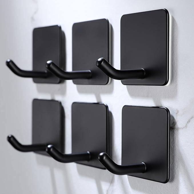 DELITON 6 Pack Towel Hooks for Hanging, Adhesive Hooks Stick on Wall for Bathroom Kitchen Heavy Duty Stainless Steel, Black