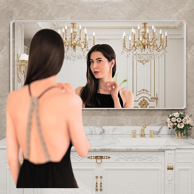 LOAAO 72x36 Inch White Metal Framed Bathroom Mirror for Wall, White Bathroom Vanity Mirror Farmhouse, Large Rounded Rectangle Mirror, Anti-Rust, Tempered Glass, Hangs Horizontally or Vertically