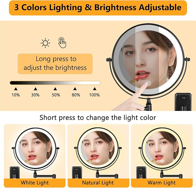 DECLUTTR Rechargeable Wall Mounted Lighted Makeup Mirror, 8 inch 10X Magnifying Mirror with 3 Color Lights, Dimmable Touch Screen Makeup Mirror with Lights for Bathroom, Black