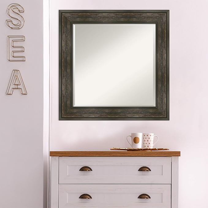 Amanti Art Brown Bathroom Mirror for Over Sink, 26x26 Rail Rustic Char Square Vanity Mirror, Medium Country Rustic Frame, Hangs Horizonally and Vertically, Bathroom Wall Decor, Beveled Edge