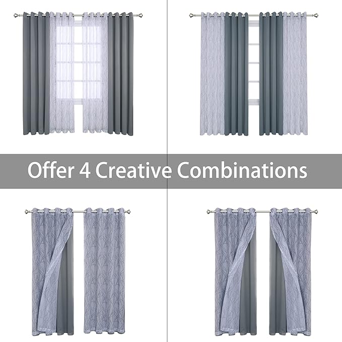 BONZER Mix and Match Curtains - 2 Pieces Branch Print Sheer Curtains and 2 Pieces Blackout Curtains for Bedroom Living Room Grommet Window Drapes, 54x84 Inch/Panel, Light Grey, Set of 4 Panels