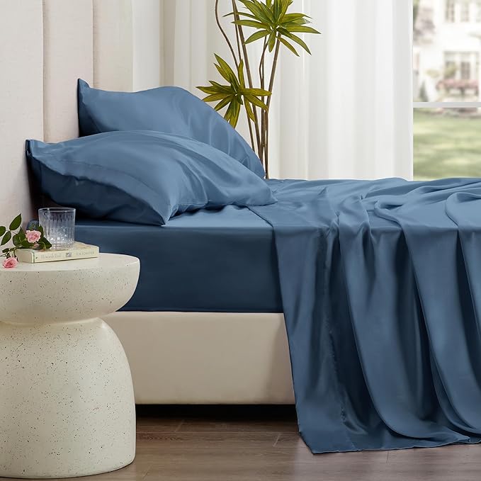 Love's cabin Full Size Satin Sheet Sets - 4 Piece Ash Blue Silky Sheet Set Full with Deep Pocket, Luxury Silk Feel Bed Sheets Full Bedding Set (1 Flat Sheet,1 Fitted Sheet,2 Pillow Cases)