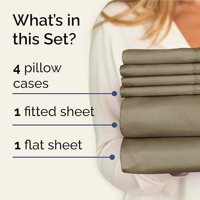 Full 6 Piece Sheet Set - Comfy Breathable & Cooling - Ultra Soft Hotel Luxury Bedding Set with 8-16 Inch Deep Pockets - 1 Flat & 1 Fitted Sheet & 4 Pillowcases - Cozy, Wrinkle Free & Easy Care - Khaki