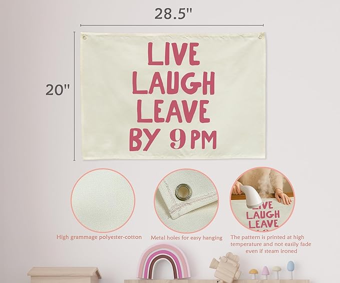 Boho Rectangular Canvas Banner-Flag Wall Sign Art Decor for Teen Friends Neighbor,Home Living Room Restaurant Dorm Playroom Front Door Inside Decor-Birthday Christmas Gift-Live Laugh Leave By 9PM