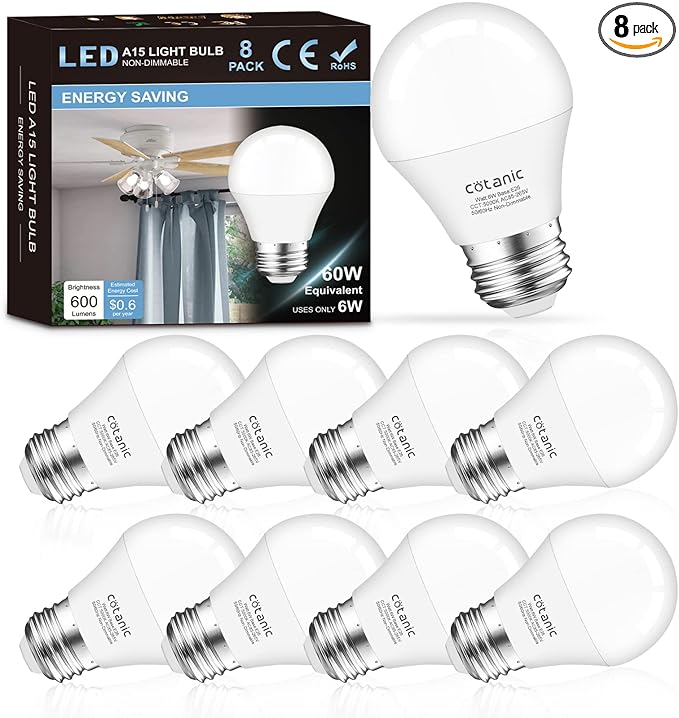 Cotanic 8 Pack Ceiling Fan Light Bulb 5000K Daylight, E26 Base A15 LED Bulb 60W Equivalent, 6W Small Light Bulb for Refrigertaor, Chandelier Light Bulbs, 600lm, Non-Dimmable