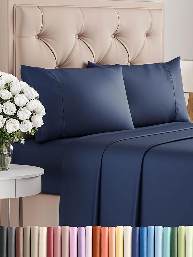 Twin 4 Piece Sheet Set - Comfy Breathable & Cooling - Ultra-Soft Hotel Luxury Bedding Set with 8-16 Inch Deep Pockets - 1 Flat & 1 Fitted Sheet & 2 Pillowcases - Wrinkle Free & Easy Care - Navy Blue