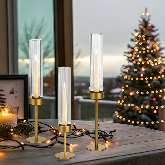 Glass Hurricane Candle Holders Set (3pcs)-Gold Metal Base Taper Candle Stick Holders for Candlesticks Holder Decor, Elegant Dining Table Centerpiece for Wedding, Christmas & Home Decor-Ribbed Glass