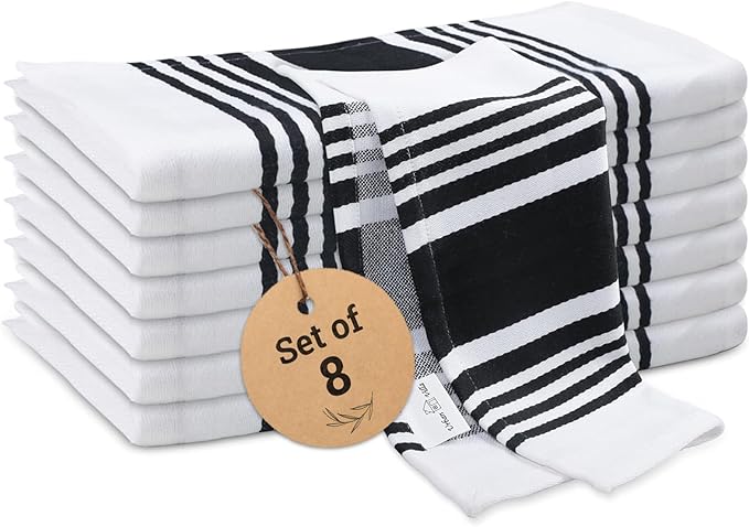 Urban Villa Dish Cloths 100% Cotton Pack of 8, Highly Absorbent Quick Drying Super Soft Premium Dish Towels for Kitchen with Hanging Loop Hand & Tea Towels - 12x12 Inch, (Black & White, Striped)