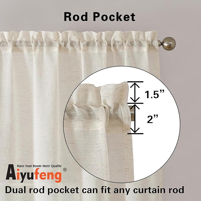 Aiyufeng Sheer Linen Curtains 84 Inches Long 2 Panels Set, Semi Transparent Voile Rod Pocket Linen Sheer Window Drapes for Bedroom Bed Canopy Dining Wedding Party Backdrop, 40W x 84L inch